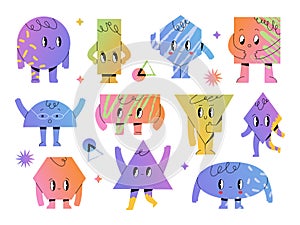 Set of various basic geometric shapes with cute smiling face. Funny cartoon characters for kids education